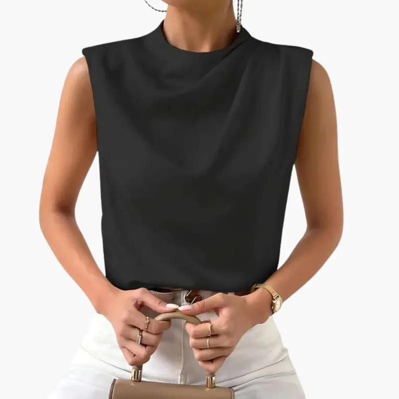 Women's sleeveless black blouse by Wilfred Smith with round neckline.