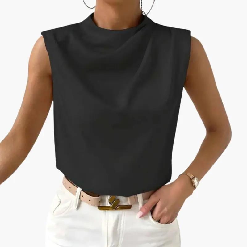 Women's black sleeveless blouse with round neckline, ideal for casual summer outfits.