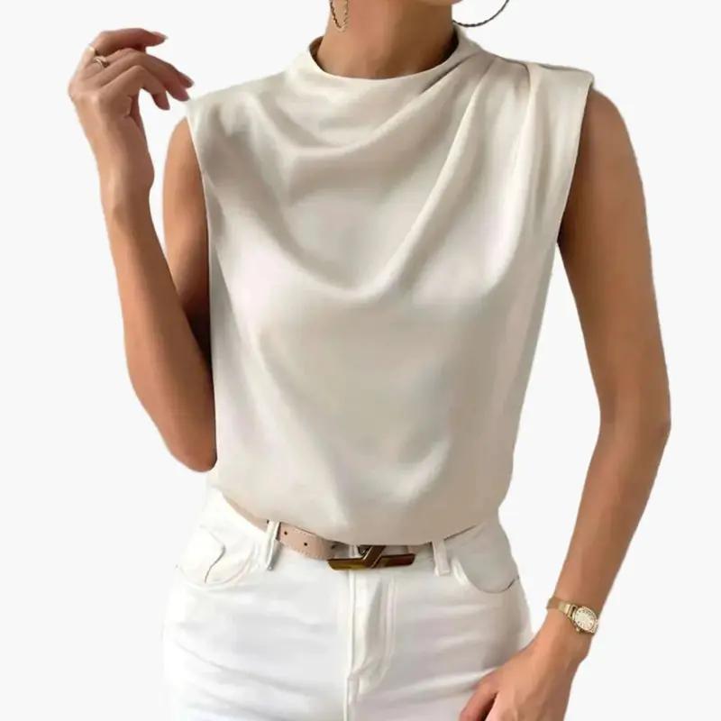 Women's ivory sleeveless blouse by Wilfred Smith with round neckline in satin-like fabric