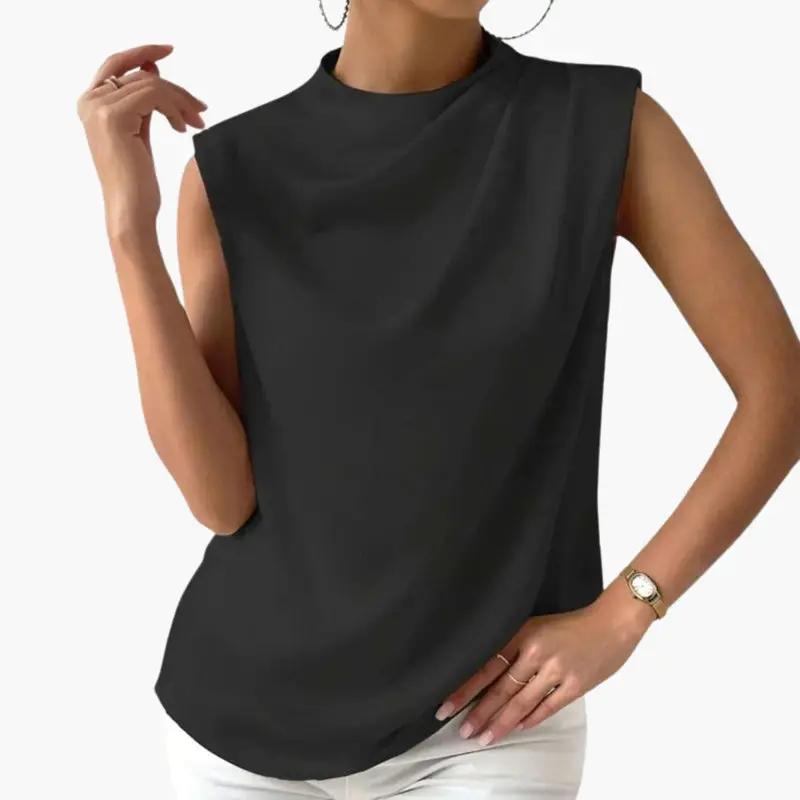 Women's black sleeveless blouse with round neckline, draped silhouette, Summer Push top