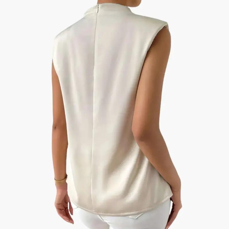 Women's sleeveless blouse in cream satin-like fabric with round neckline and back zipper by Wilfred Smith