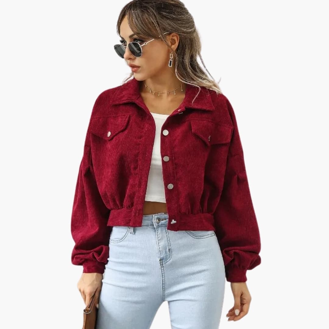 Women's bomber jacket in burgundy corduroy, cropped fit with front silver snaps and chest pockets.