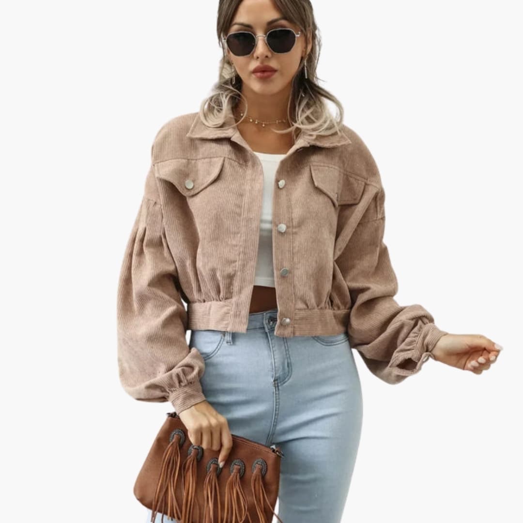 Women's Bomber Jacket in beige corduroy with cropped hem and puff sleeves