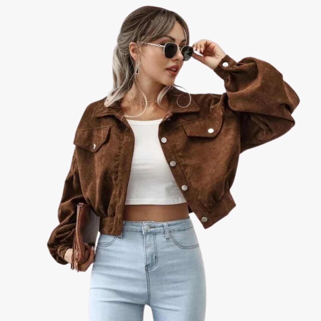 Women's bomber jacket in brown corduroy with silver snap buttons, cropped silhouette