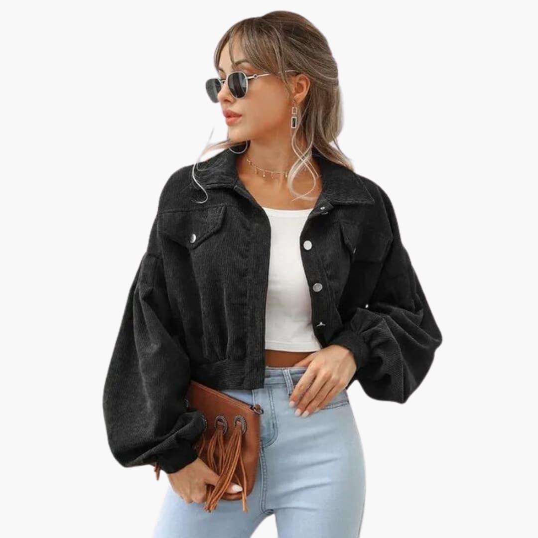 Women's bomber jacket by Wilfred Smith in black corduroy, cropped with oversized puff sleeves