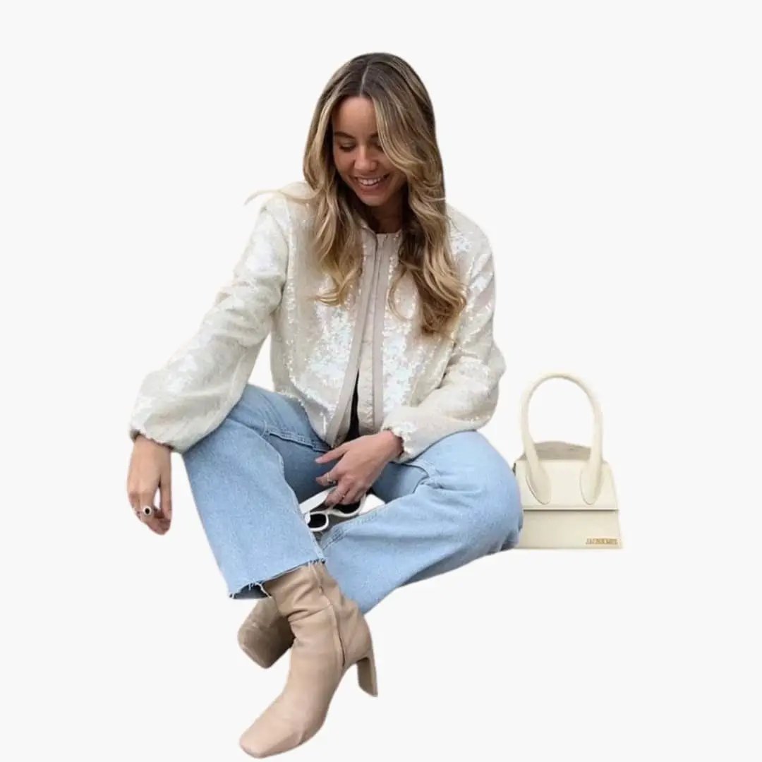 Women's bomber jacket by Wilfred Smith with ivory sequins