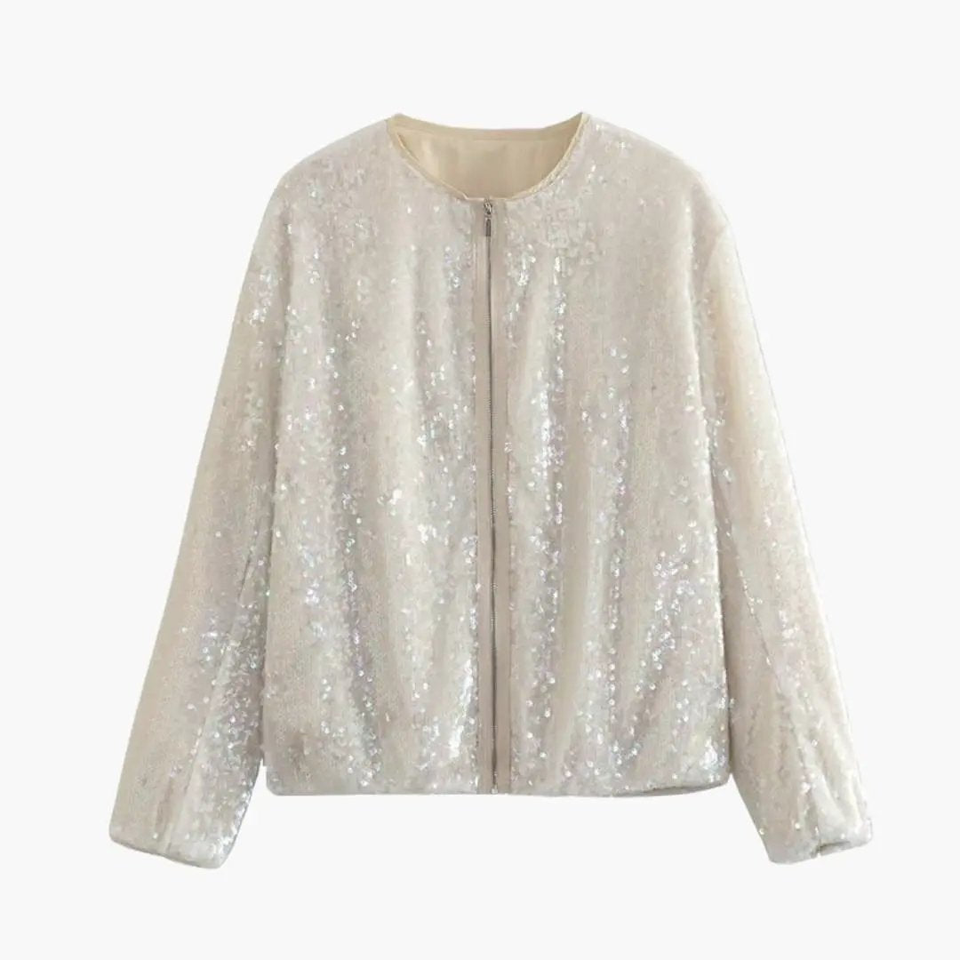 Women's Bomber Jacket by Wilfred Smith in beige sequined fabric with front zipper.