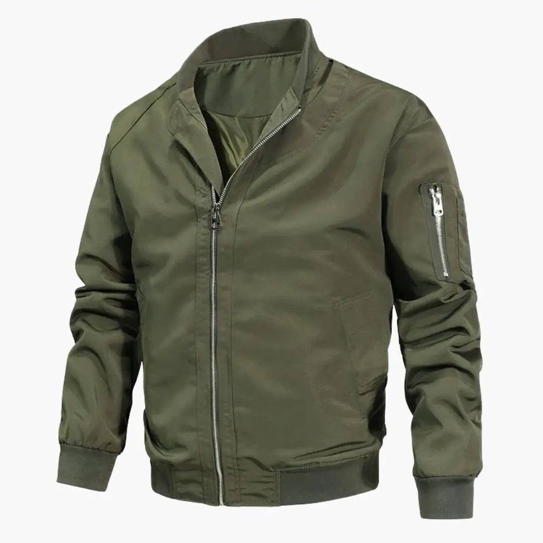 Women's bomber jacket olive green with stand-up collar and zip front by Wilfred Smith
