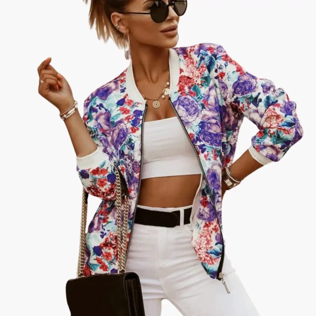 Women's floral bomber jacket with front zip, white ribbed collar and cuffs, vivid purple, blue and red flowers