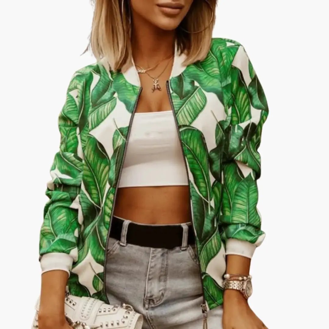 Women’s bomber jacket with green tropical leaf print and front zip closure.