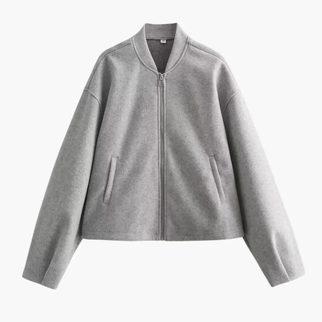 Women's bomber jacket in light gray with zip front and side pockets.