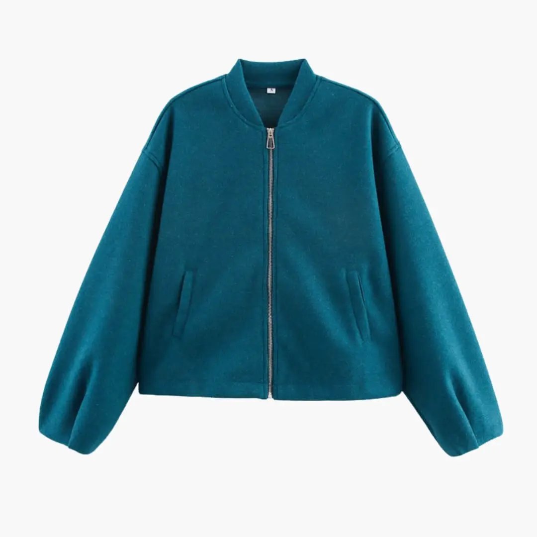 Women’s bomber jacket in teal with zip front and side pockets, oversized balloon sleeves