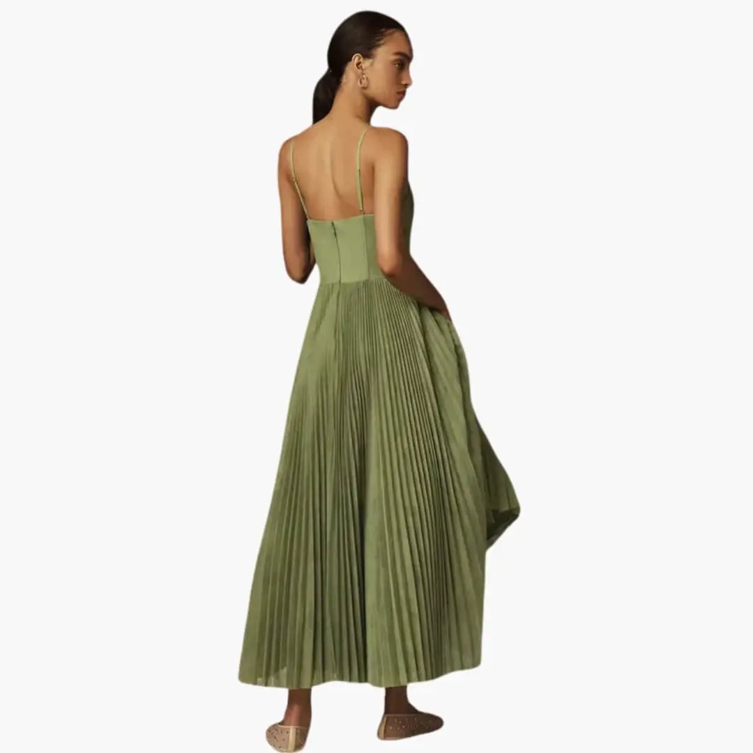 Women’s bustier midi dress in olive green with thin straps and pleated skirt by Wilfred Smith