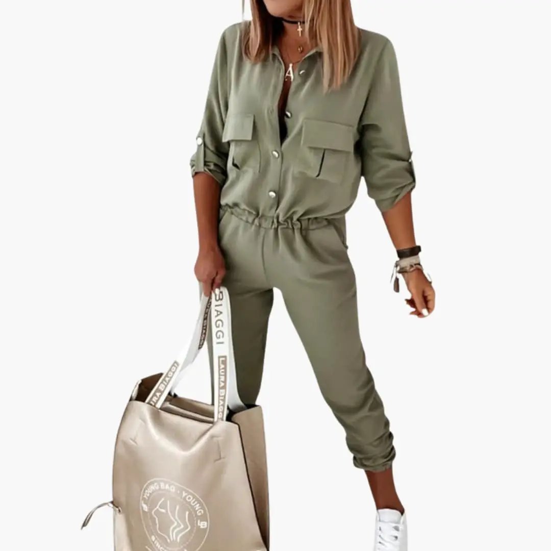 Women's Button Front Jumpsuit in olive green with elastic waist and straight legs; utility-style with chest pockets.