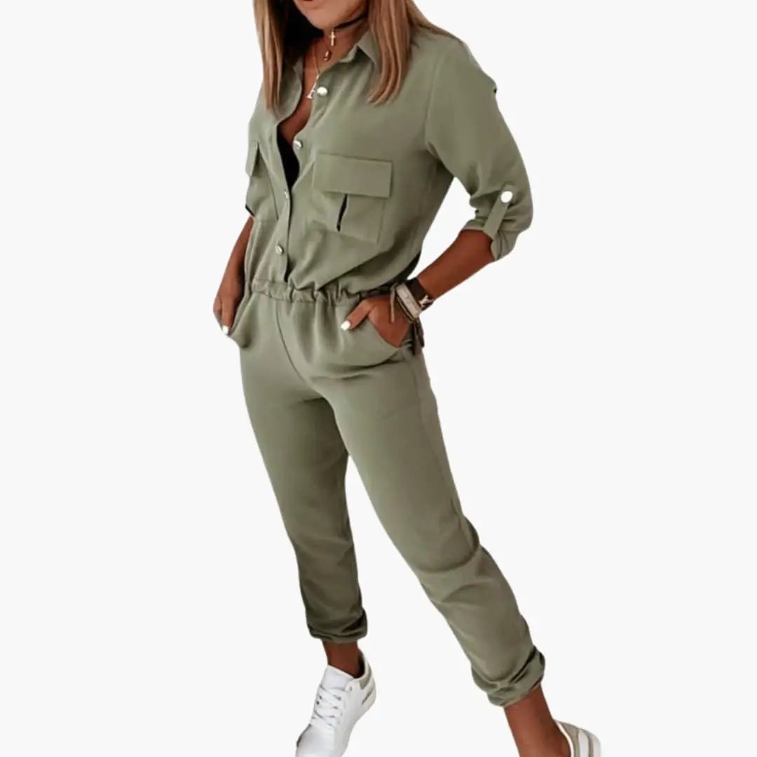 Women’s Button Front Jumpsuit in olive green with elastic waist, straight legs, and chest pocket; sleeves rolled.
