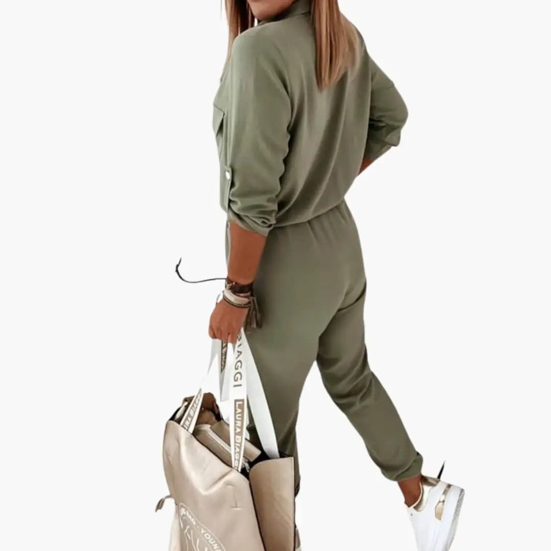 Women’s Button Front Jumpsuit by Wilfred Smith in olive green with elastic waist and straight legs