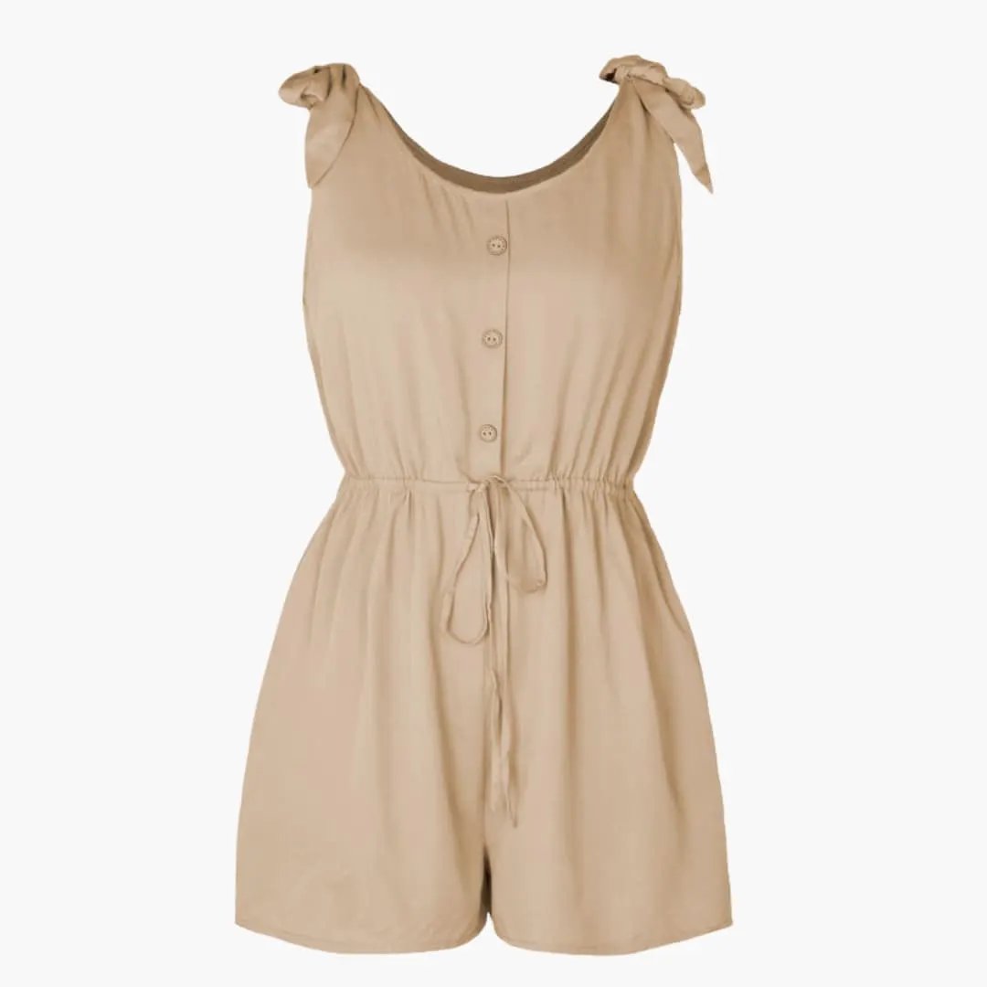 Women’s button-front sleeveless jumpsuit with a waist tie in beige