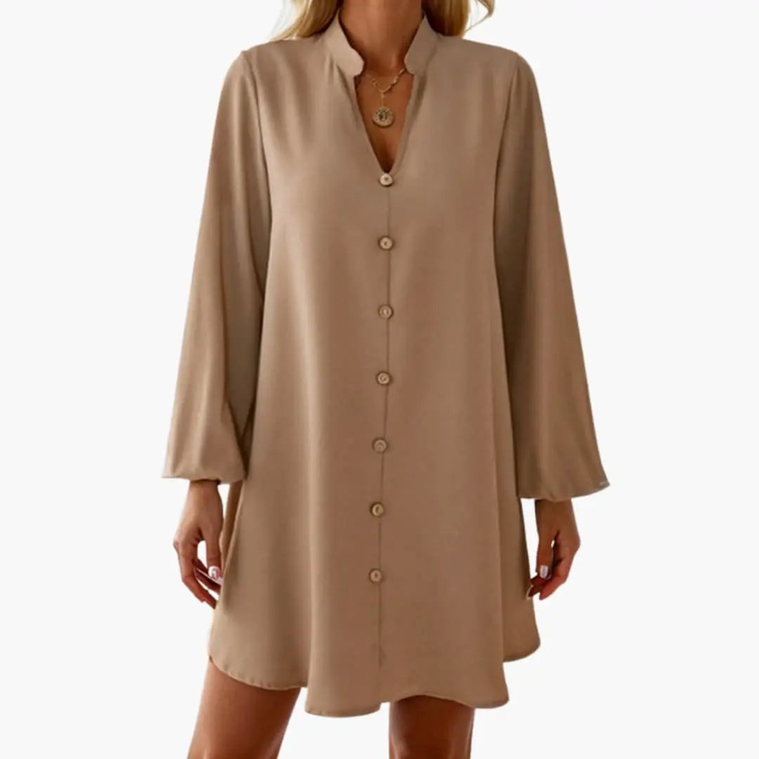 Women’s Button Front Short Dress by Wilfred Smith, beige with puff sleeves and defined waist