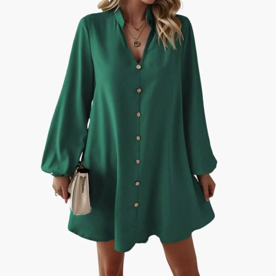 Women’s Button Front Short Dress with Puff Sleeves and Defined Waist in emerald green satin