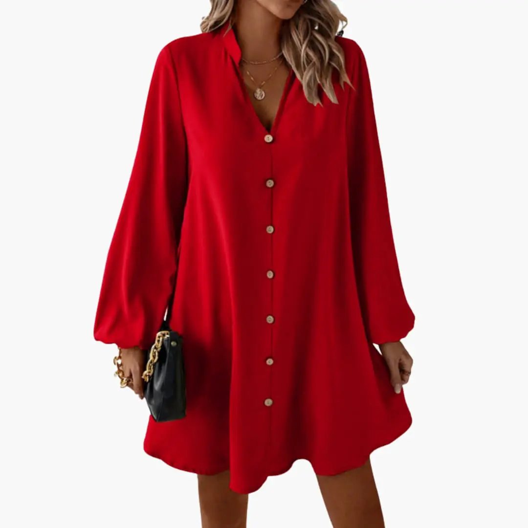 Women's red button-front short dress by Wilfred Smith with puff sleeves and defined waist