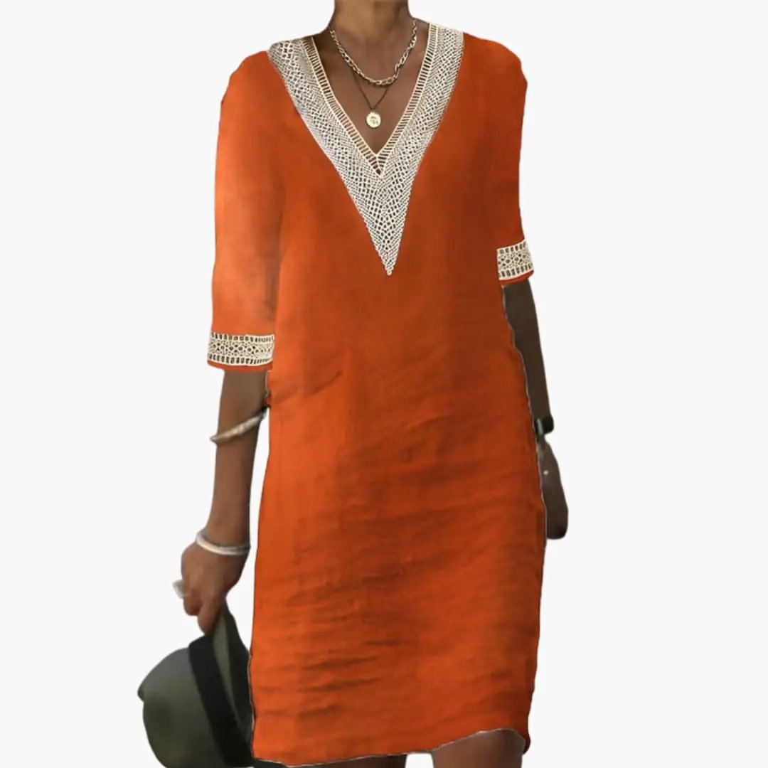 Women’s Button Front Waist Dress with Short Sleeves in orange featuring crochet-trim V-neck by Wilfred Smith
