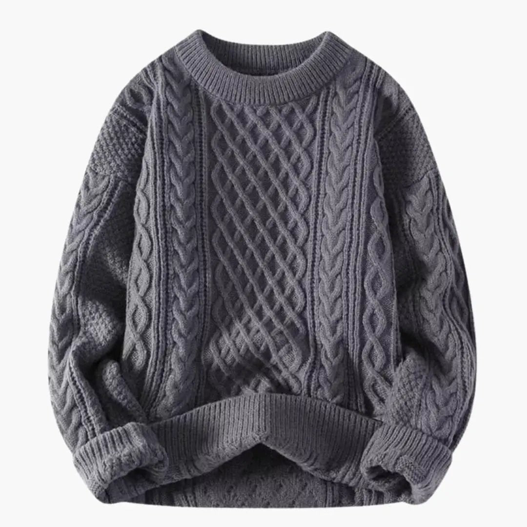 Women's gray round-neck cable-knit sweater with long sleeves
