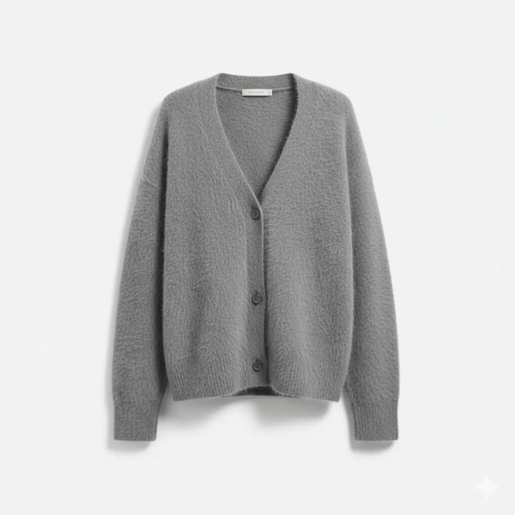 Women’s Cardigan by Wilfred Smith, gray textured knit with V-neck and long-sleeve button-front closure