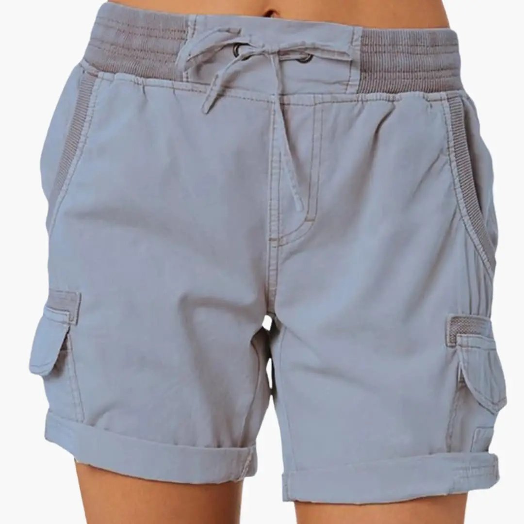 Wilfred Smith Women’s Cargo Shorts with Drawstring Waist in light blue, loose-fit shorts with cargo pockets and rolled cuffs