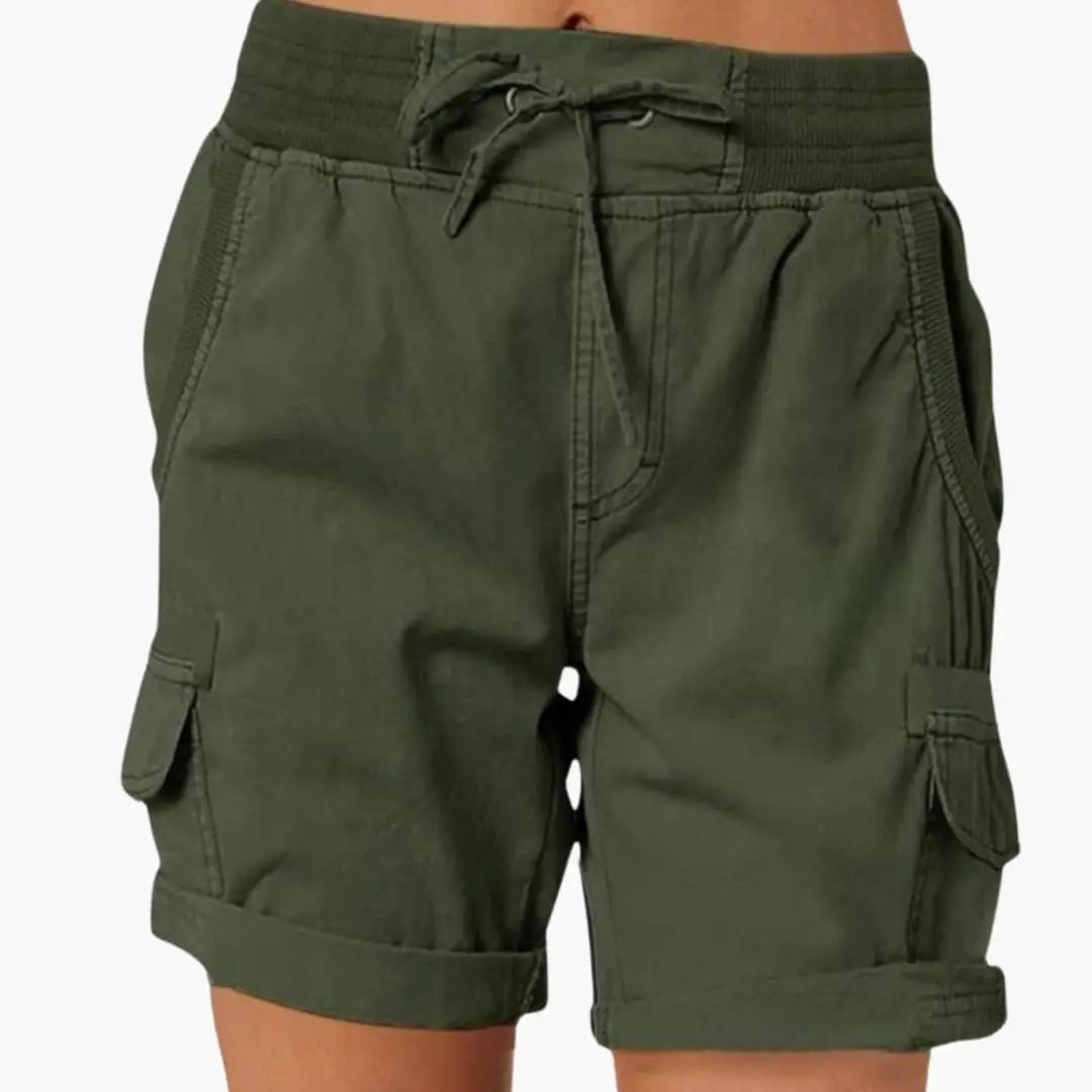 Women’s Cargo Shorts by Wilfred Smith, olive green, drawstring waist, multiple pockets