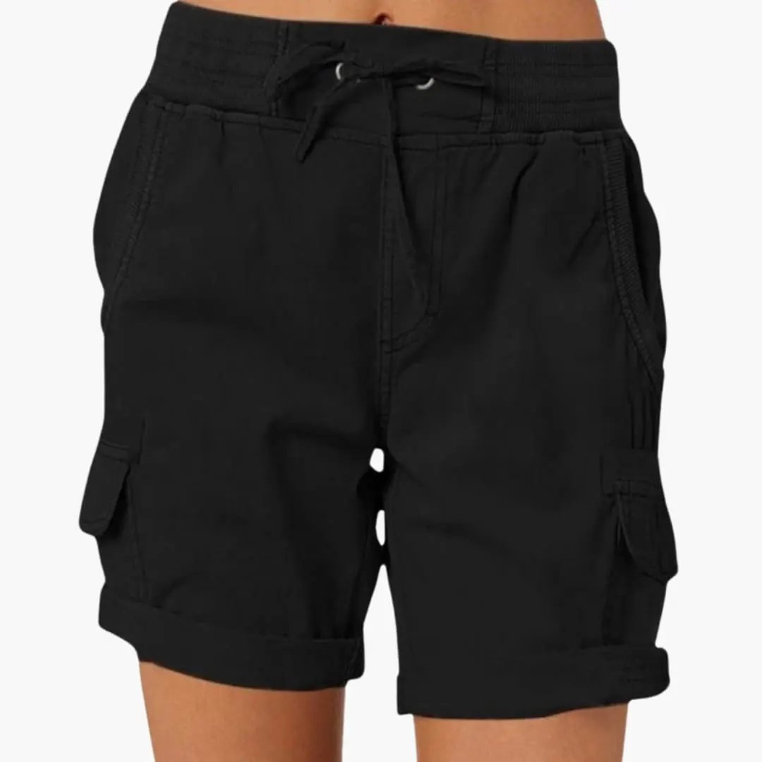 Wilfred Smith women's cargo shorts with drawstring waist and side pockets in black