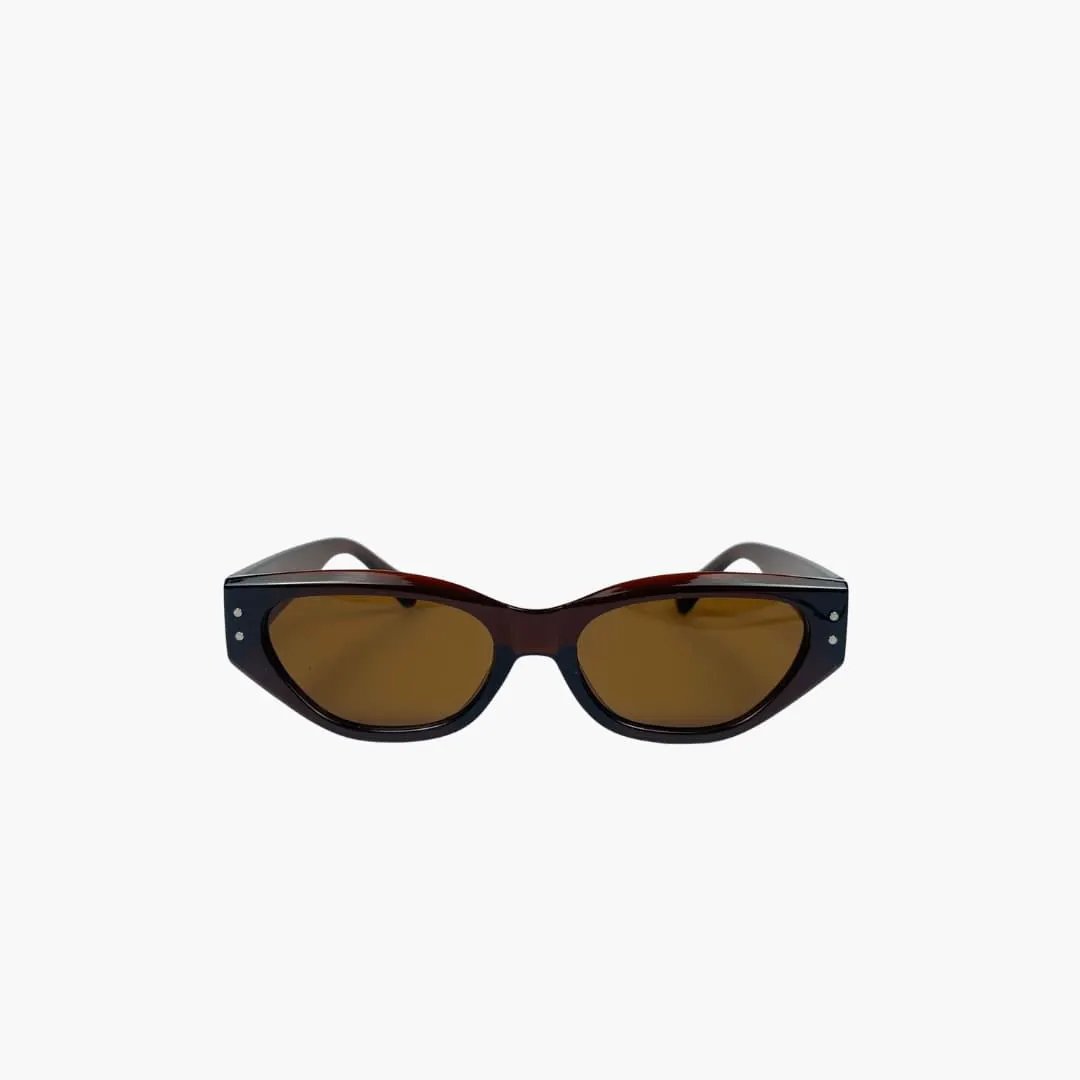 Women's cat-eye sunglasses with a glossy black frame and brown UV-protective lenses