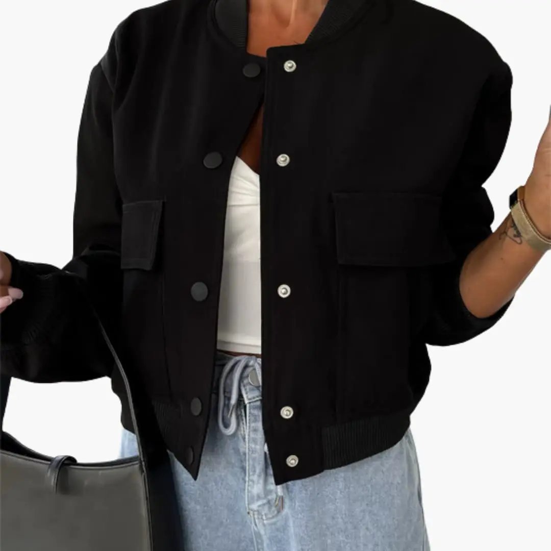 Women’s Classic Polyester Blend Bomber Jacket with Pockets by Wilfred Smith in black