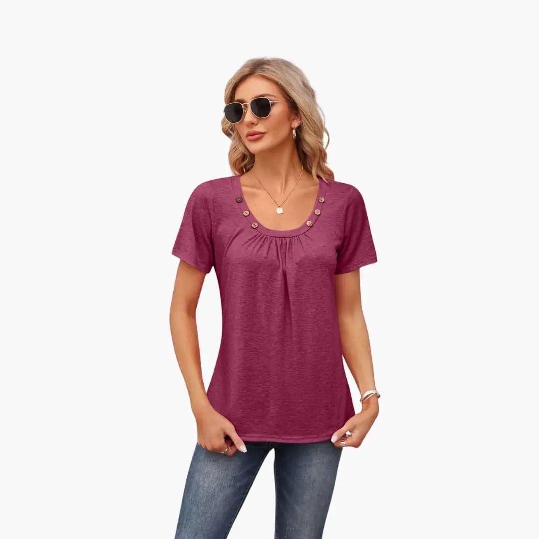 Women's Crew Neck Decorative Button Front Short Sleeve T-Shirt in magenta heather.