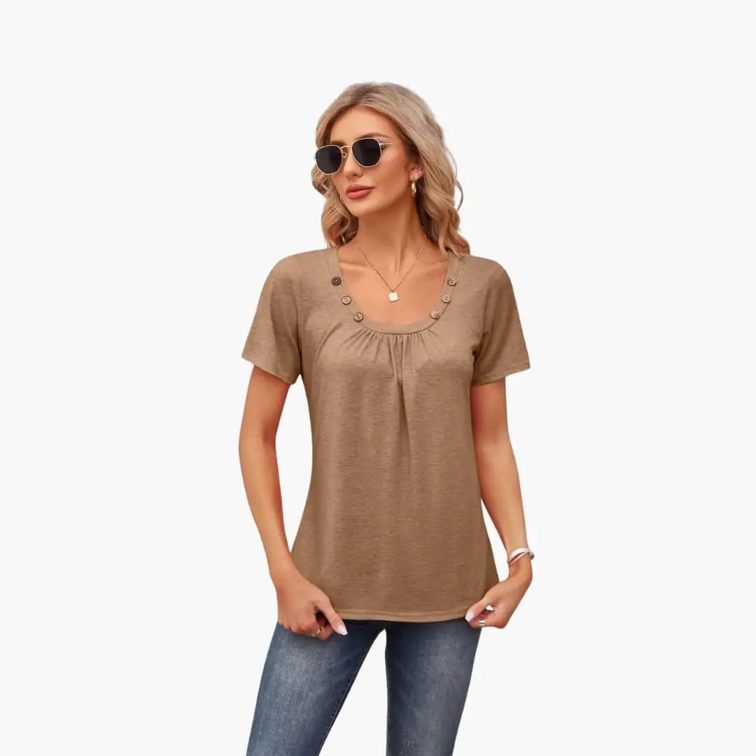 Women’s Crew Neck Decorative Button Front Short Sleeve T-Shirt in tan