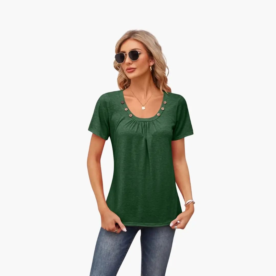 Women’s Crew Neck Decorative Button Front Short Sleeve T-Shirt in green by Wilfred Smith.