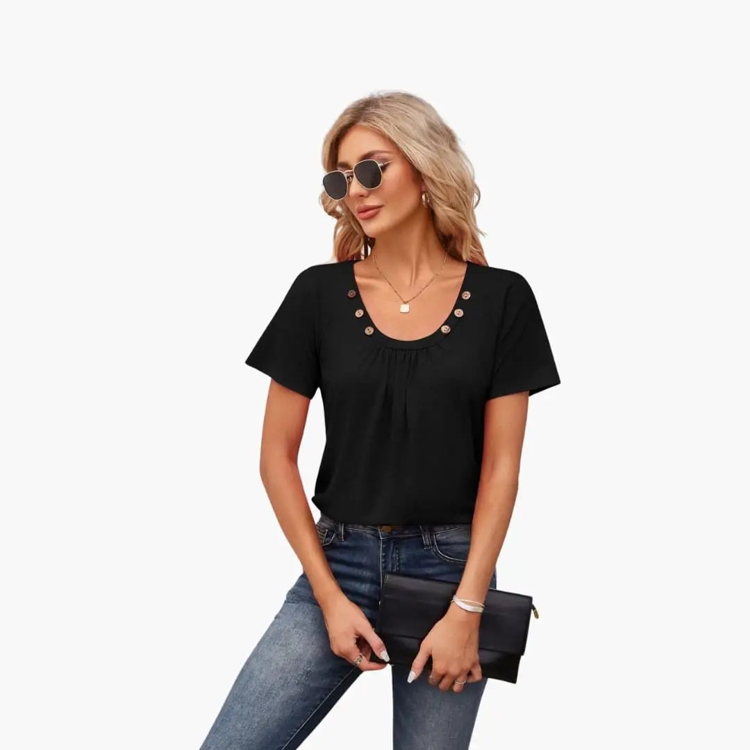 Women’s T-shirt by Wilfred Smith, black short-sleeve crew neck with decorative front buttons