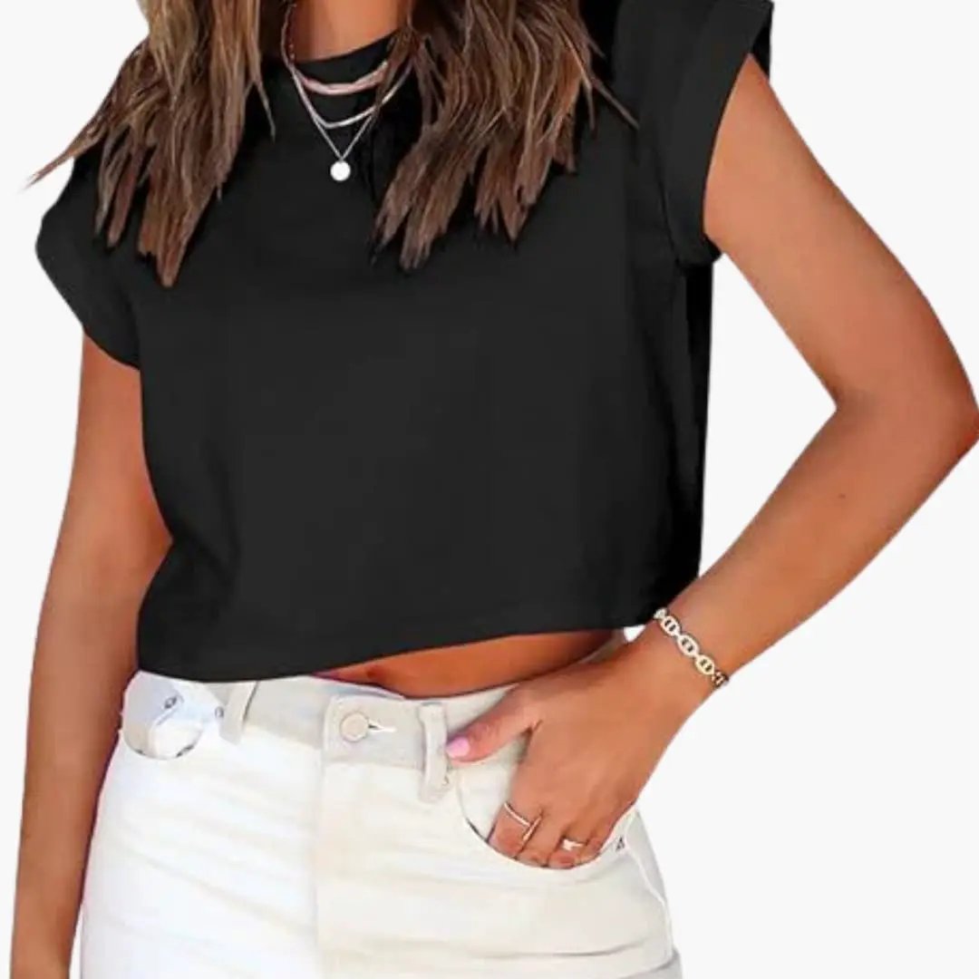 Women's crop top by Wilfred Smith, black top with rolled sleeves and round neck.