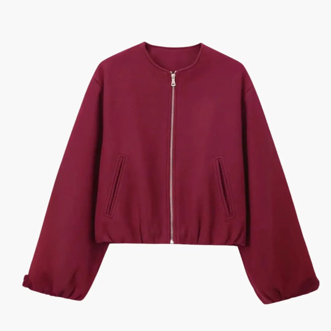 Women's cropped bomber jacket with balloon sleeves, zip front, wine red, zip pockets