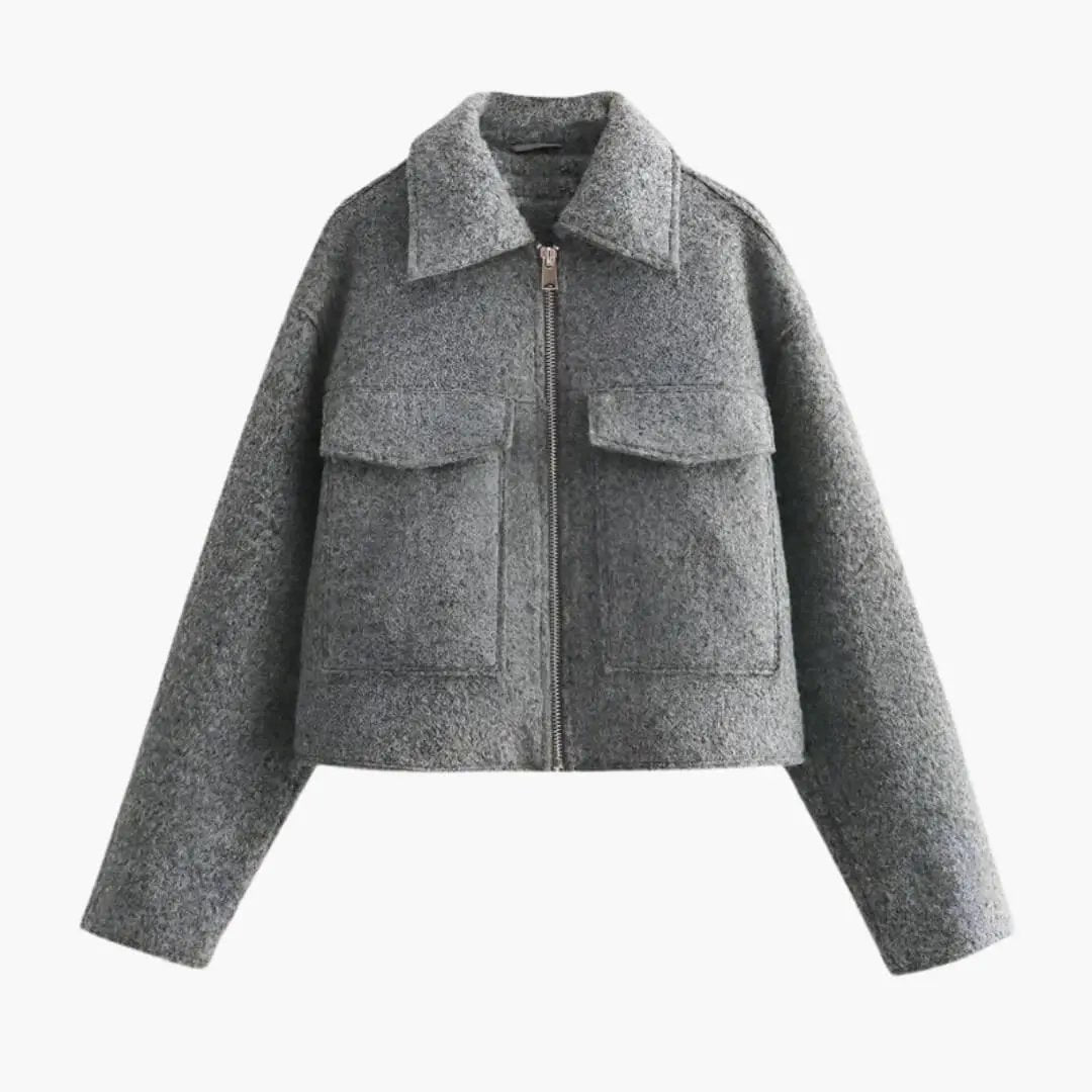 Women’s cropped bomber jacket with lapel collar in grey boucle fabric, zip front, two patch pockets