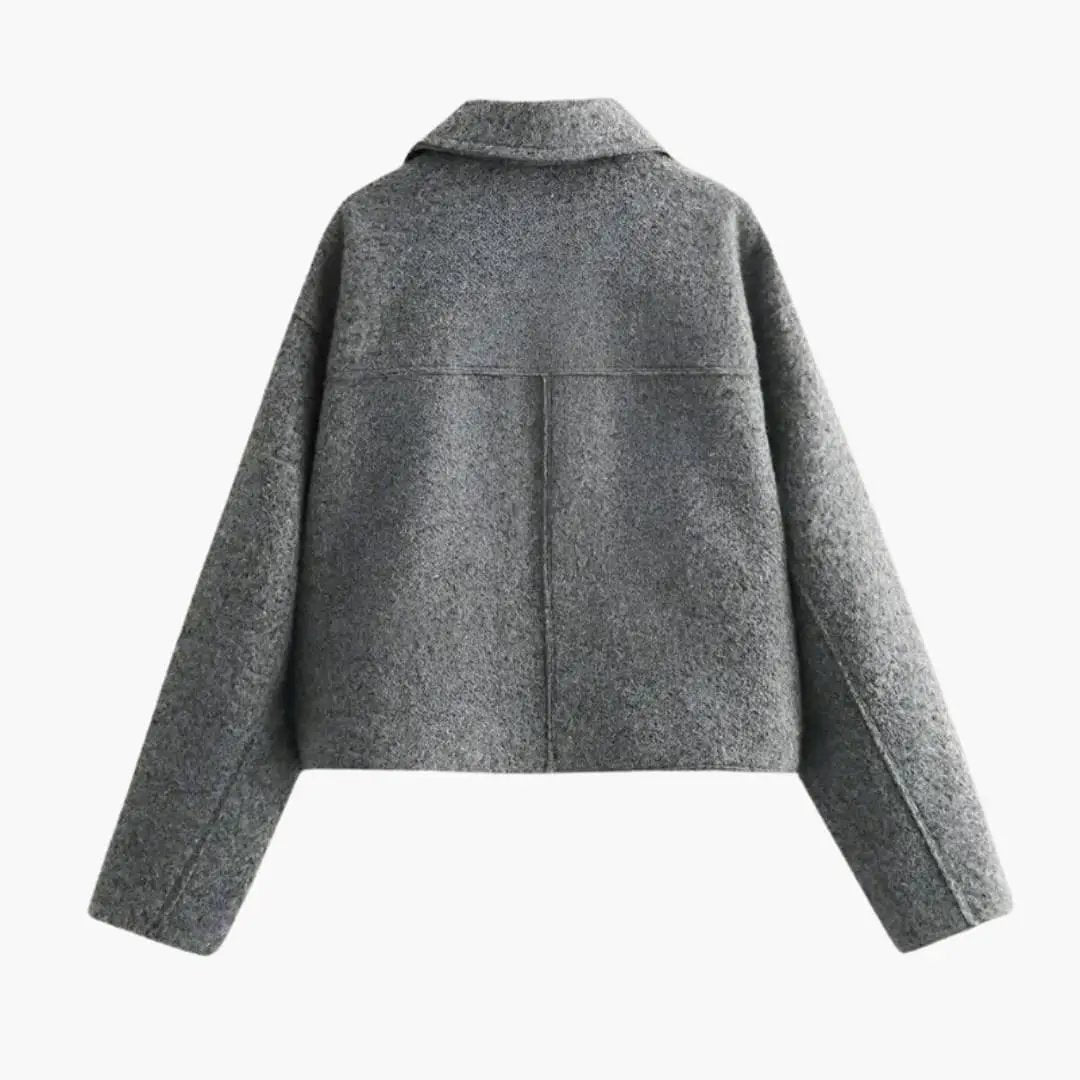 Women’s cropped bomber jacket with lapel collar and zip front in grey textured fabric, back view