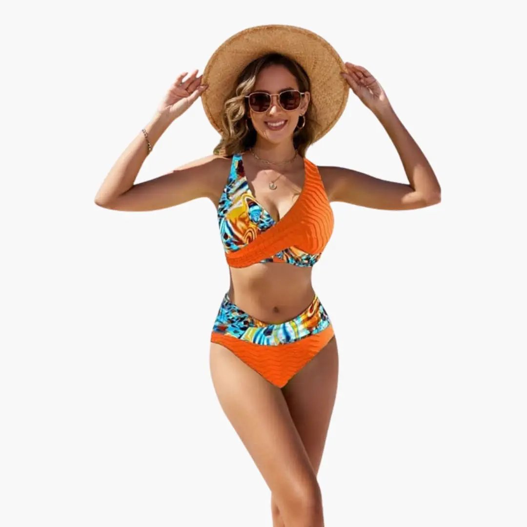 Women’s Crossover Front Bikini Set with Adjustable Straps, orange with tropical-print panels, two-piece swimsuit