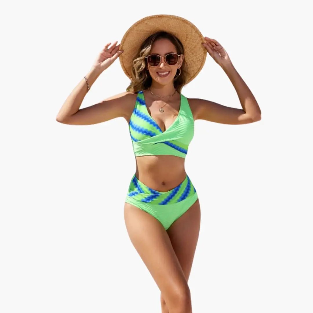 Wilfred Smith Women’s Bikini Set with neon green crossover-front top and matching high-waisted bottoms, adjustable straps.