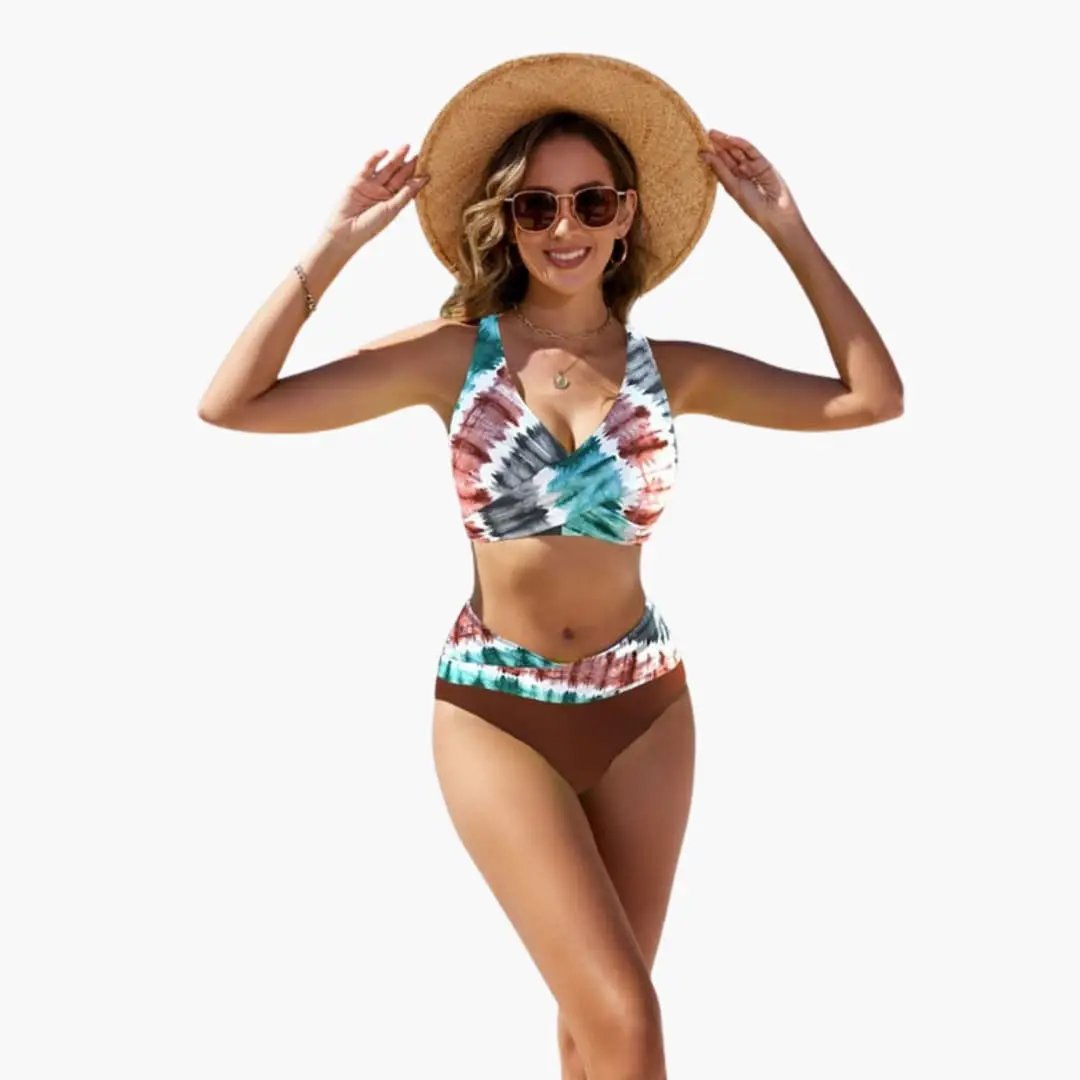 Women’s Crossover Front Bikini Set with adjustable straps; multicolor tie-dye top and brown-patterned bottoms