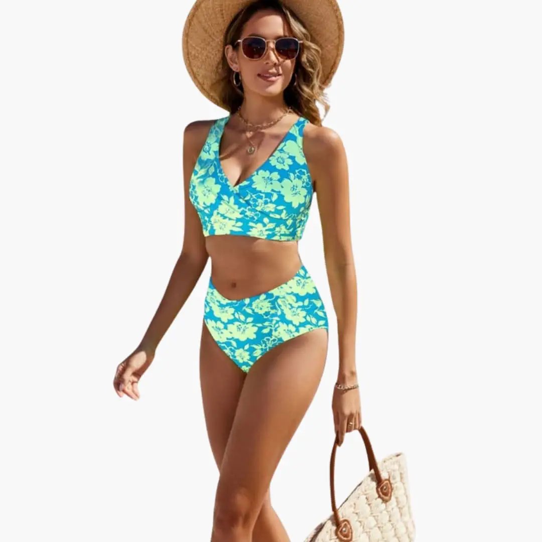 Women’s Crossover Front Bikini Set with Adjustable Straps, turquoise floral print, high-waisted bottoms