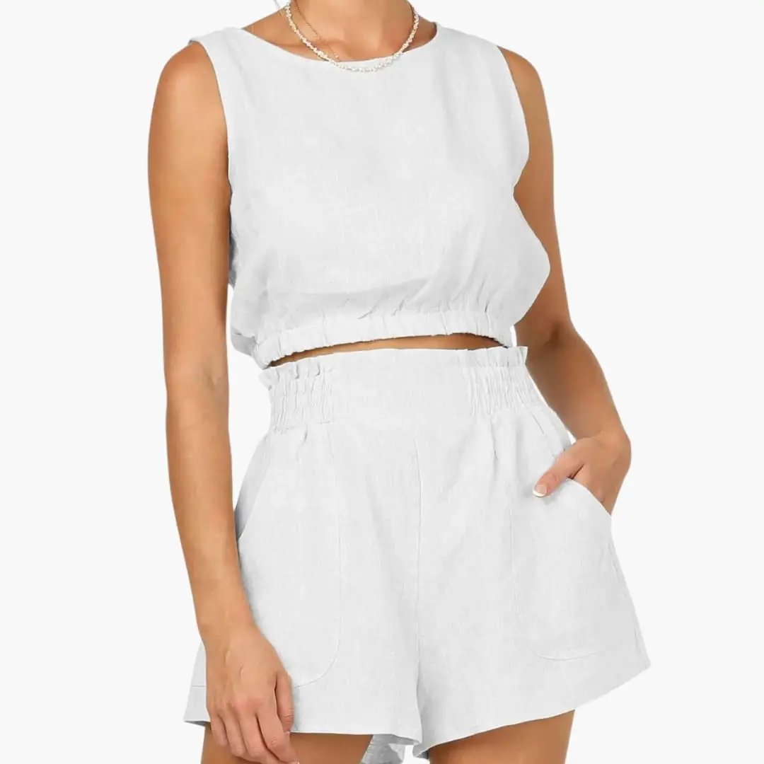 Women's Drawstring Hem Top and Elastic Waist Shorts Two-Piece Set in light gray by Wilfred Smith.