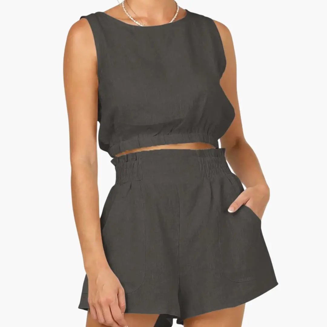 Women's two-piece outfit set Wilfred Smith featuring charcoal drawstring-hem top and elastic waist shorts