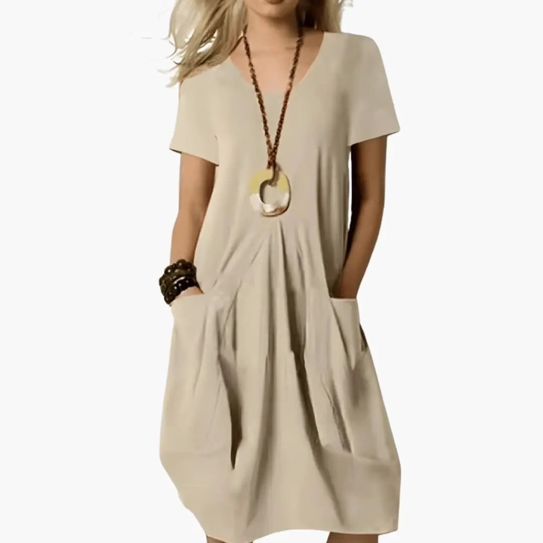 Women's Dress with Plain Woven Surface, knee-length beige with pockets