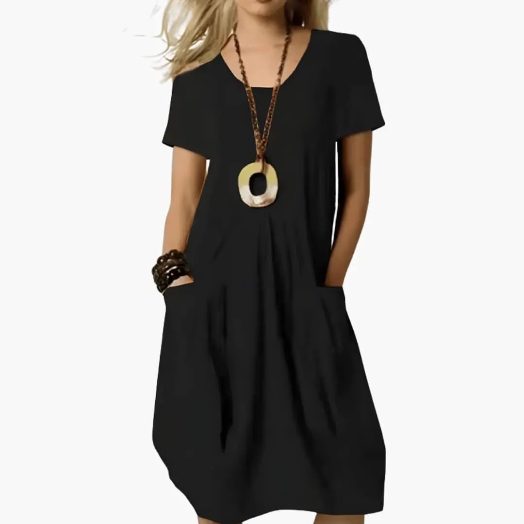 Women's dress with plain woven surface, black knee-length with short sleeves and side pockets