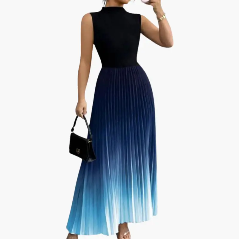 Women's evening dress by Wilfred Smith, sleeveless with a gradient blue pleated skirt
