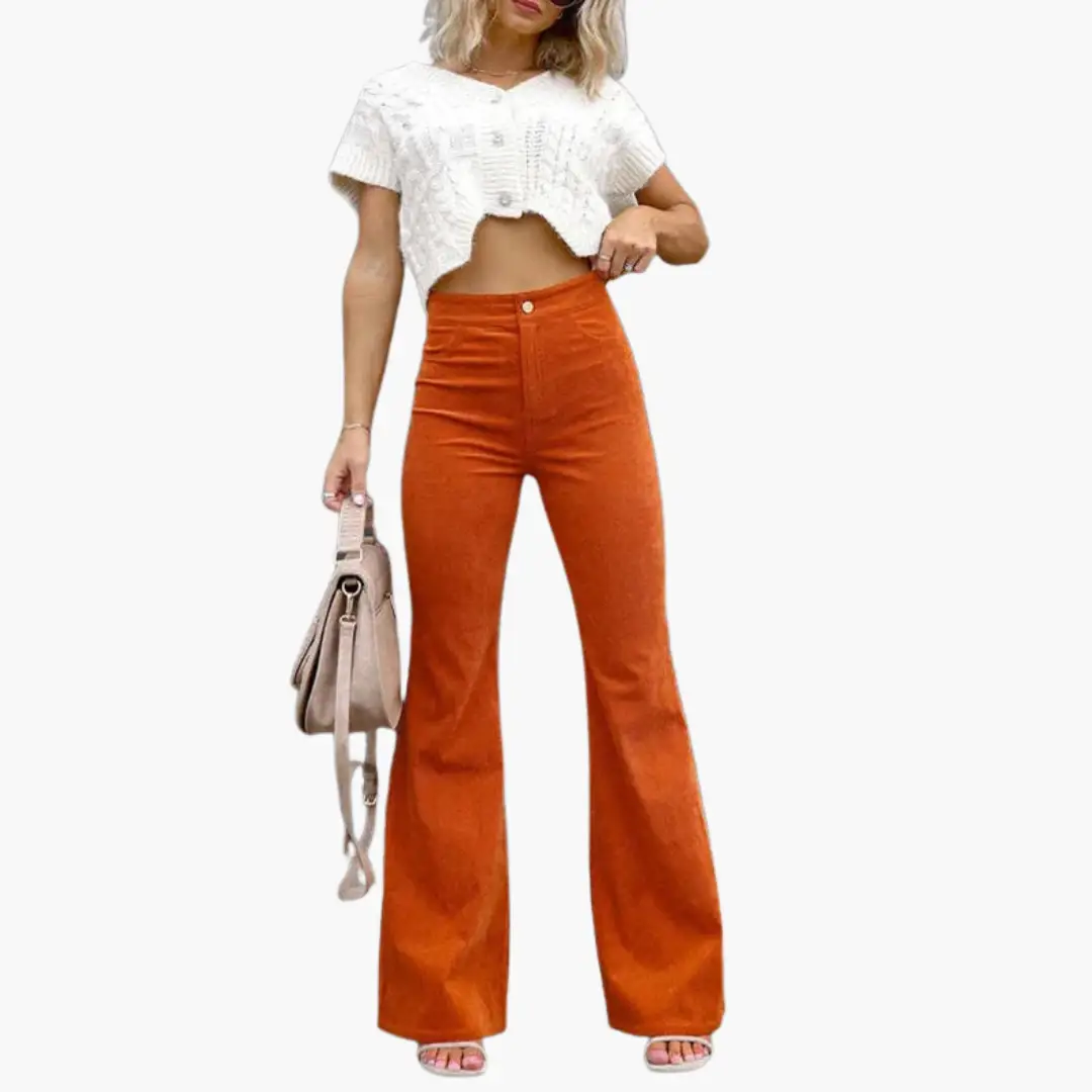 Women’s flare corduroy pants with high waist and pockets in orange rust